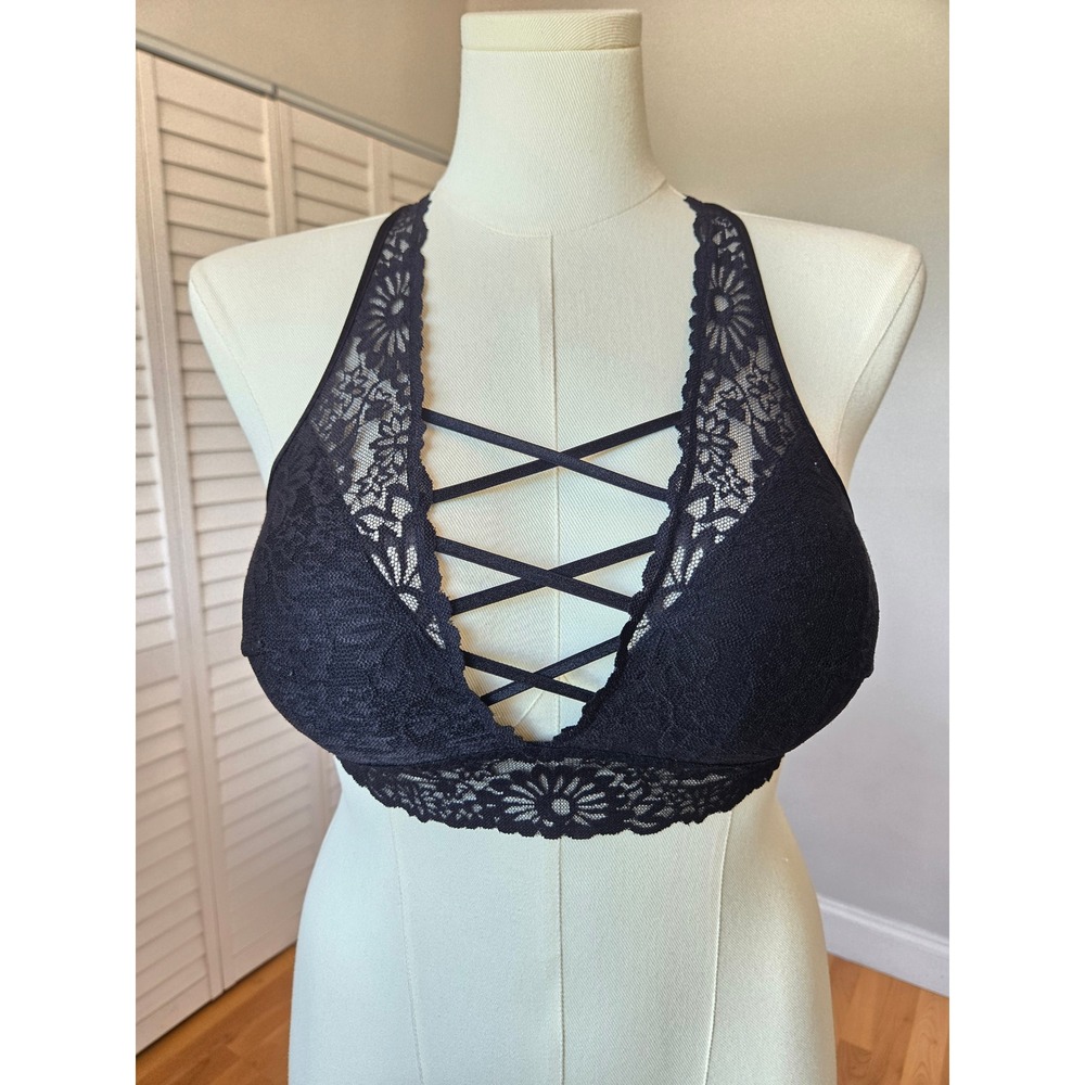 Victoria's Secret PINK Black Lace Strappy Cage Front Convertible Bralette Sz L